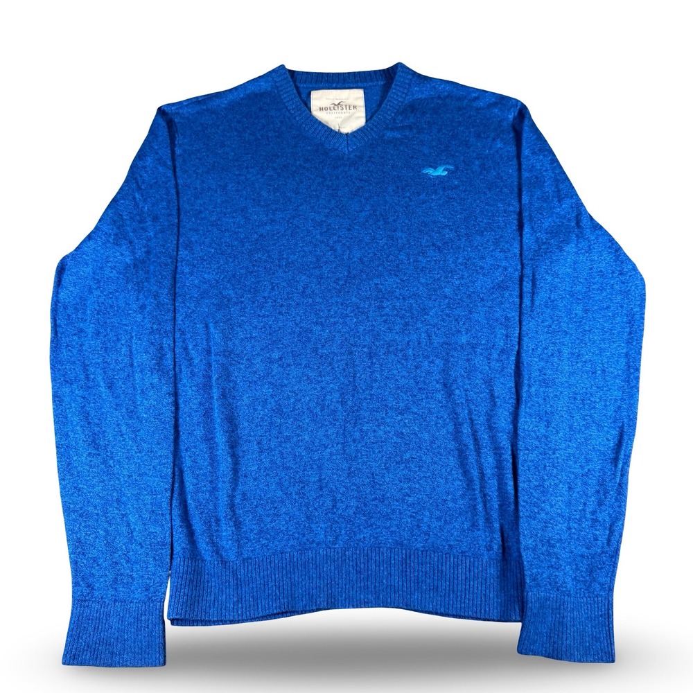 Hollister Men's V-Neck Sweater Royal Blue Knit Size L Embroidered Logo Y2K